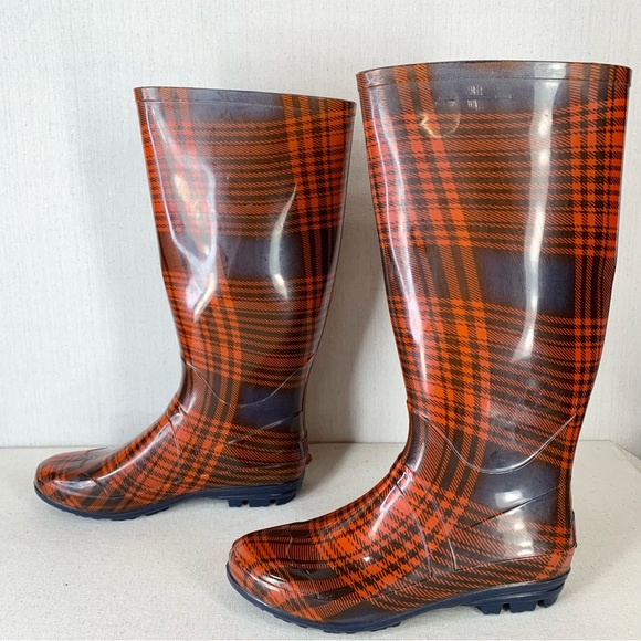 143 Girl~Women’s Red/Navy Tartan‎ Plaid Tall/Knee High Rubber Rain Boots~Sz 10 - Picture 6 of 12